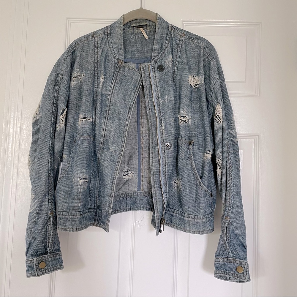 Free People Distressed Denim Bomber